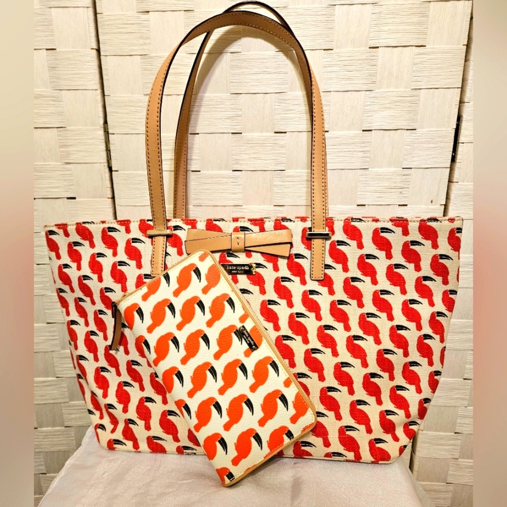 Kate Spade Francis Toucan Multi Linen/jute White & Red Tote With Matching Wallet - Picture 3 of 16